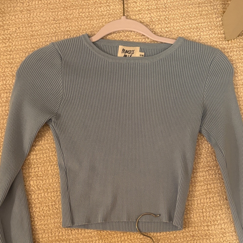 Princess Polly Sky Blue Ribbed Cropped Long Sleeve Tee